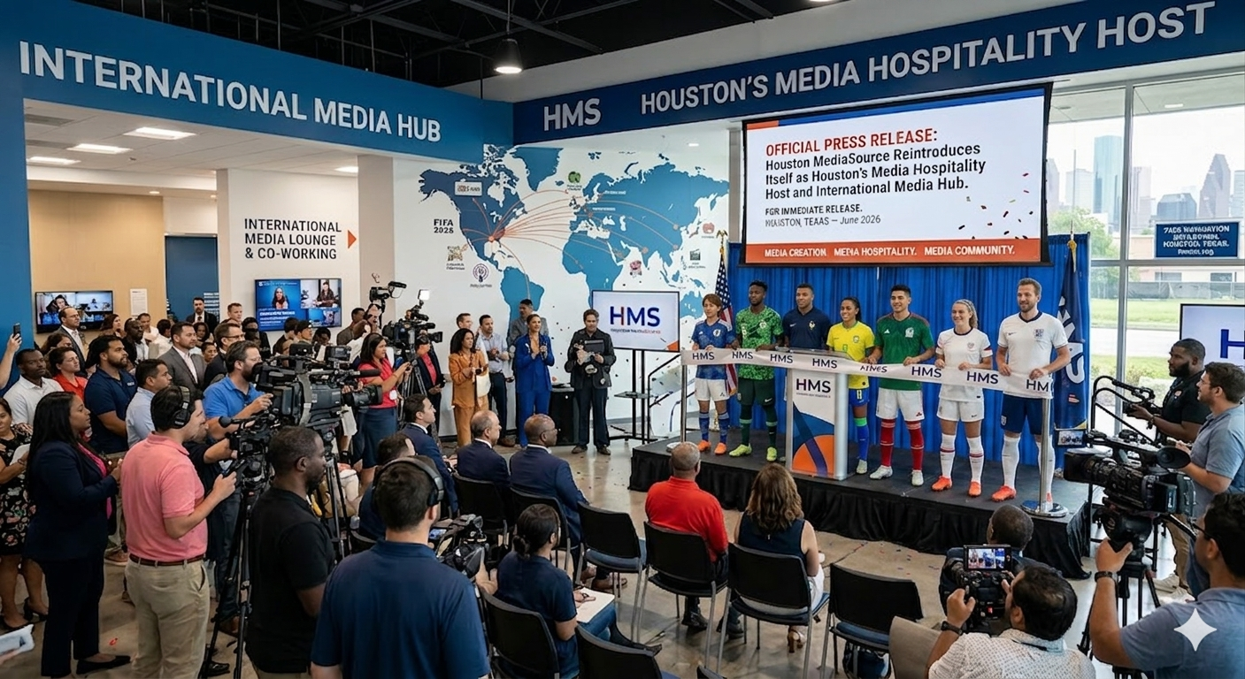 HMS International Media Hub press event with national team jerseys and a world map in Houston